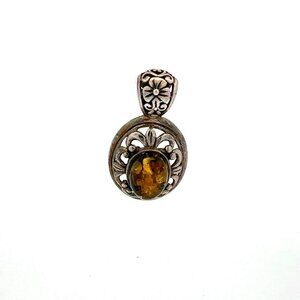 VTG Estate Sterling Silver & Amber Oval Floral Cut Out‎ Pendant! 126